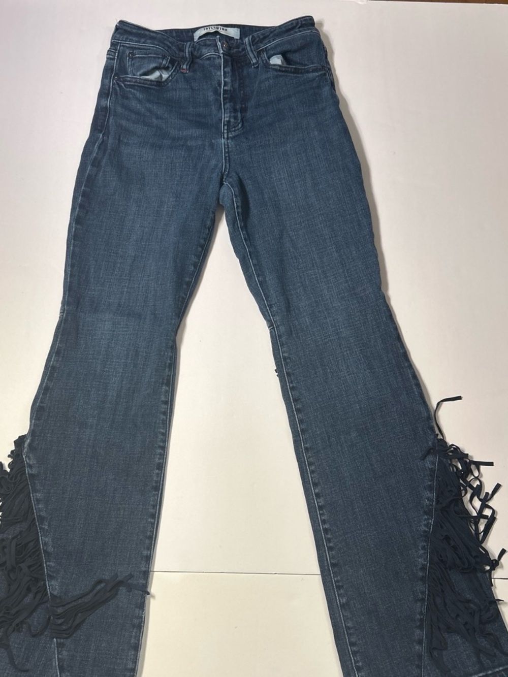Idyllwind Dark Blue Wide-Leg Jeans with Fringe Trim